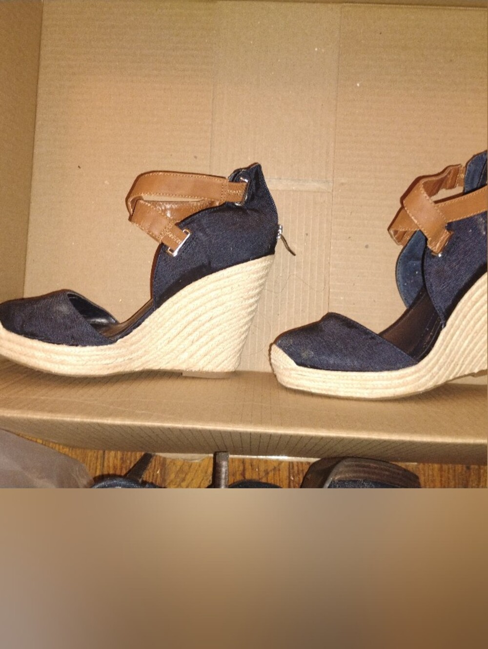 BCBGeneration Navy and Tan Espadrille Wedge Sandals